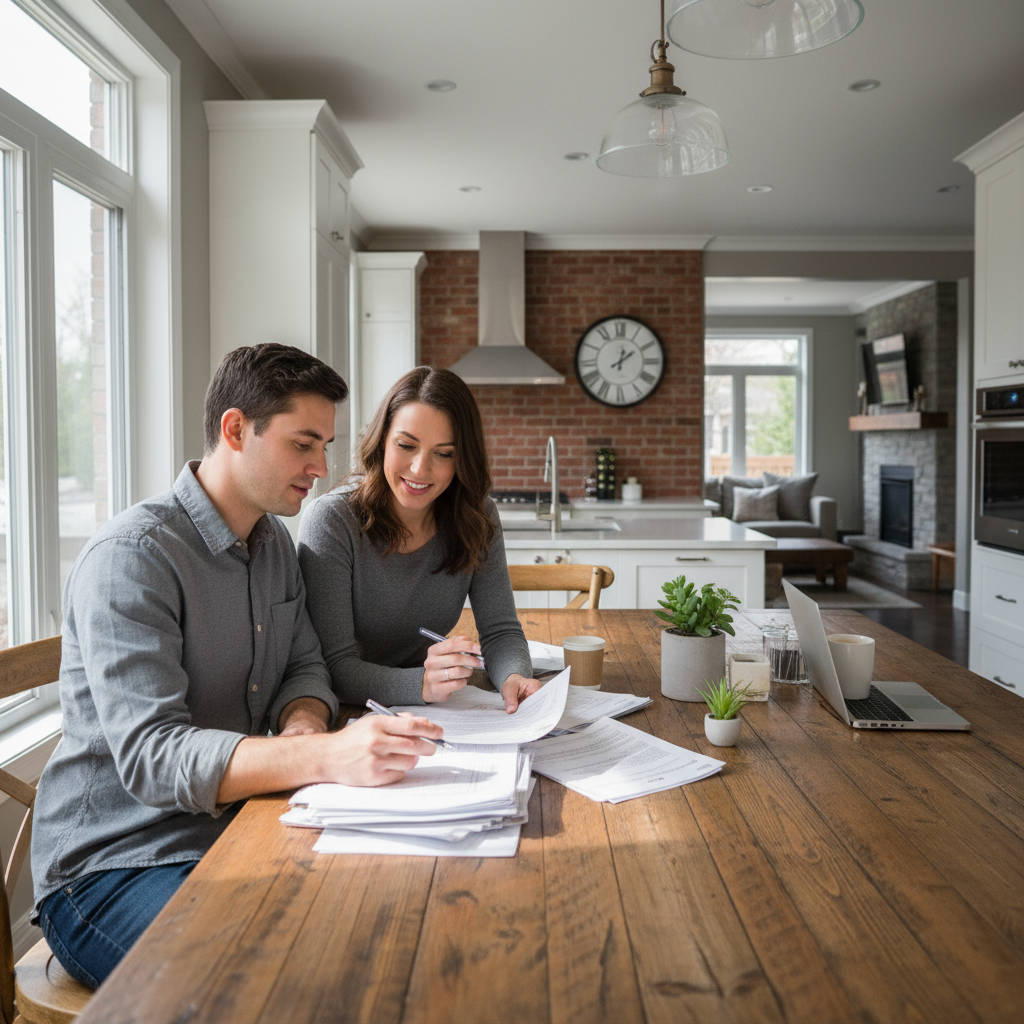 Couple reviewing home plans at a kitchen table