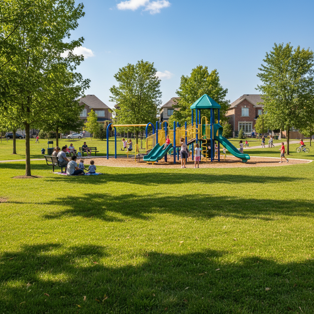 Family enjoying a park in a small Ontario town