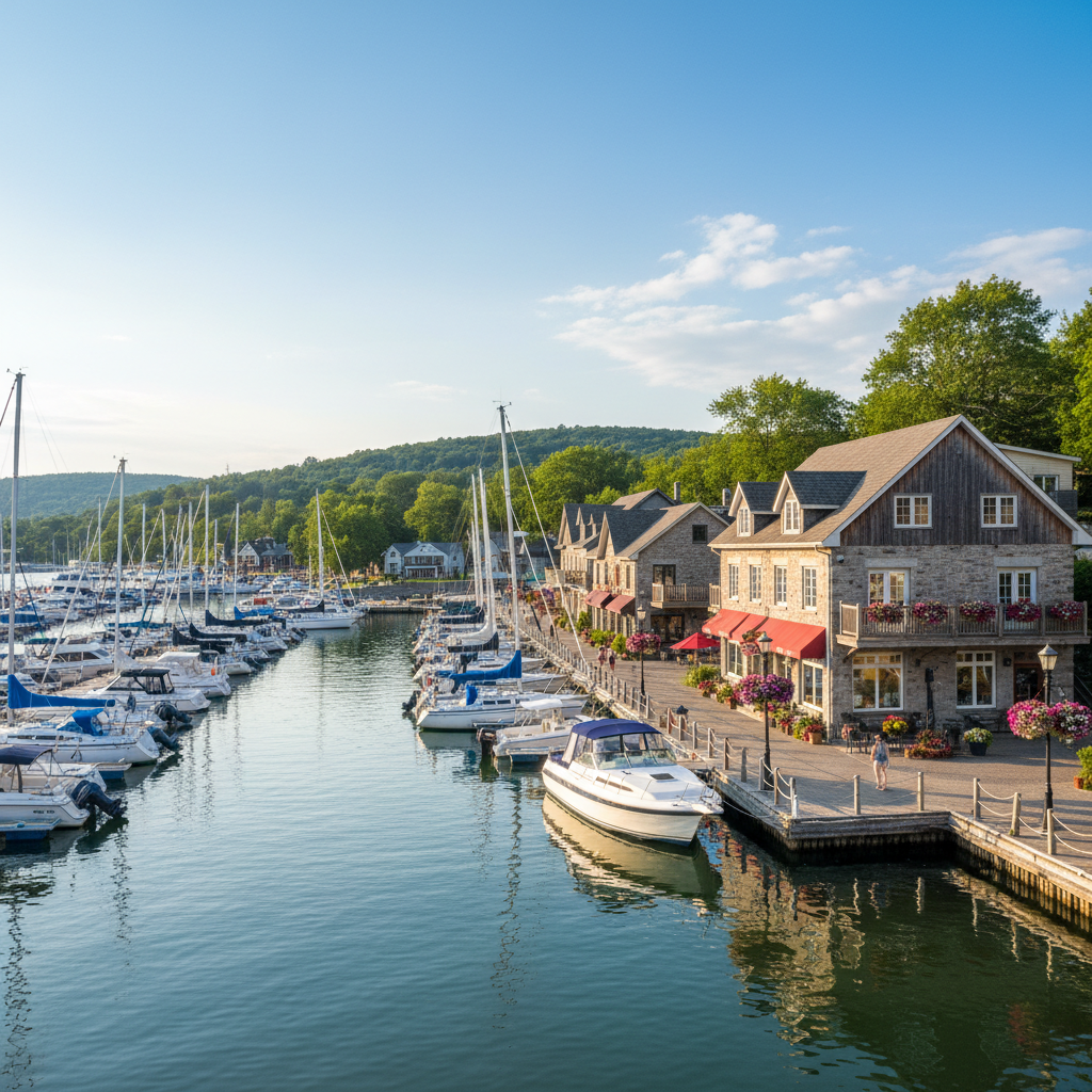 Harbour view with boats moored and town buildings in background