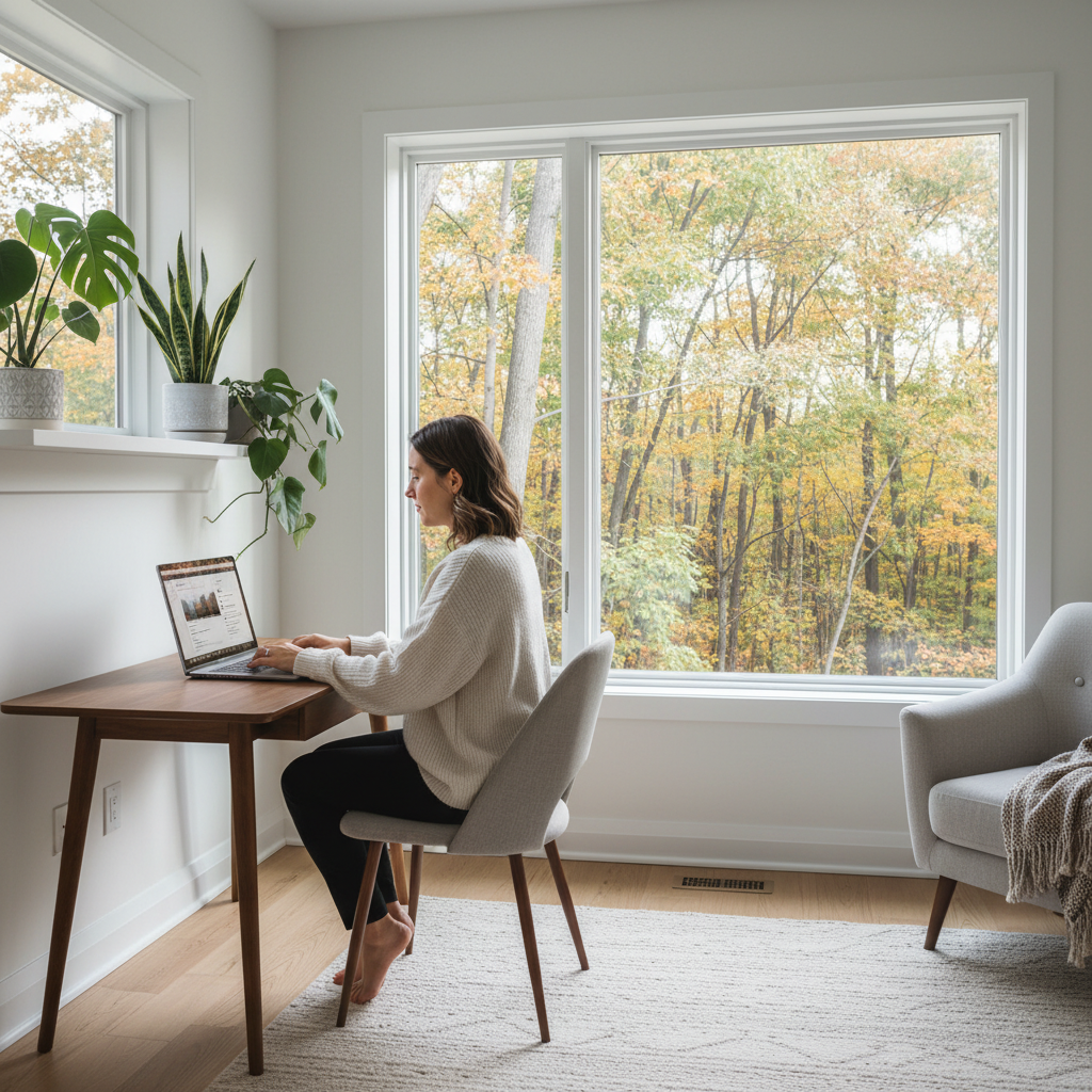Home office setup in a bright room with a view of trees