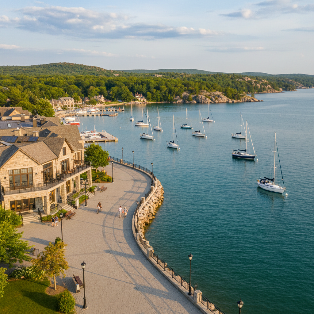 Lakeside town with waterfront homes and calm bay waters