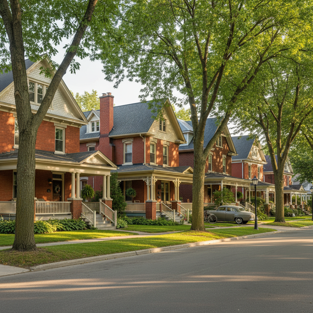 Heritage homes on a tree-lined street in downtown Collingwood