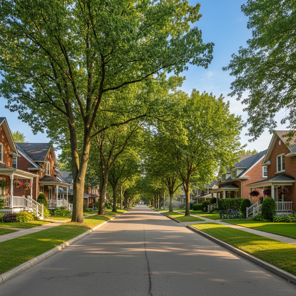 Tree-lined residential street in a small Ontario town
