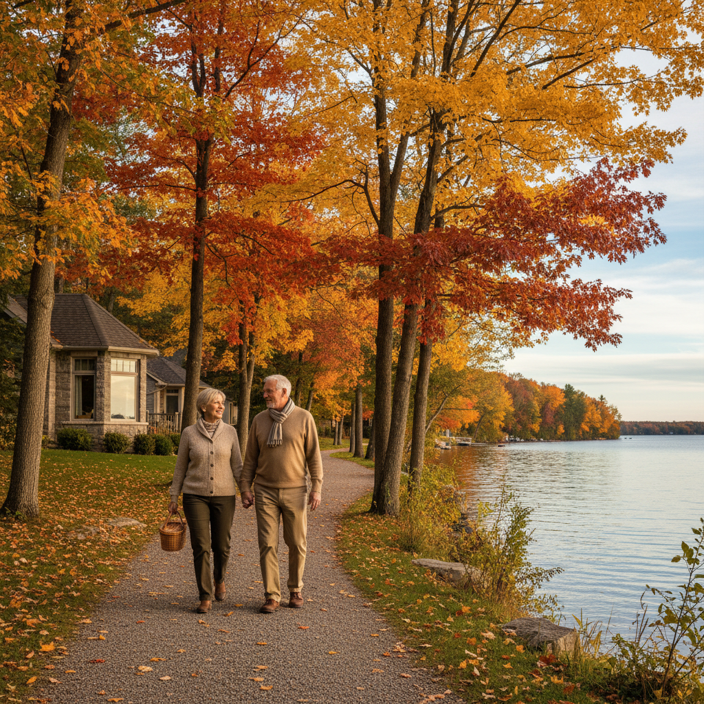 Retired couple walking along the harbour trail in Collingwood