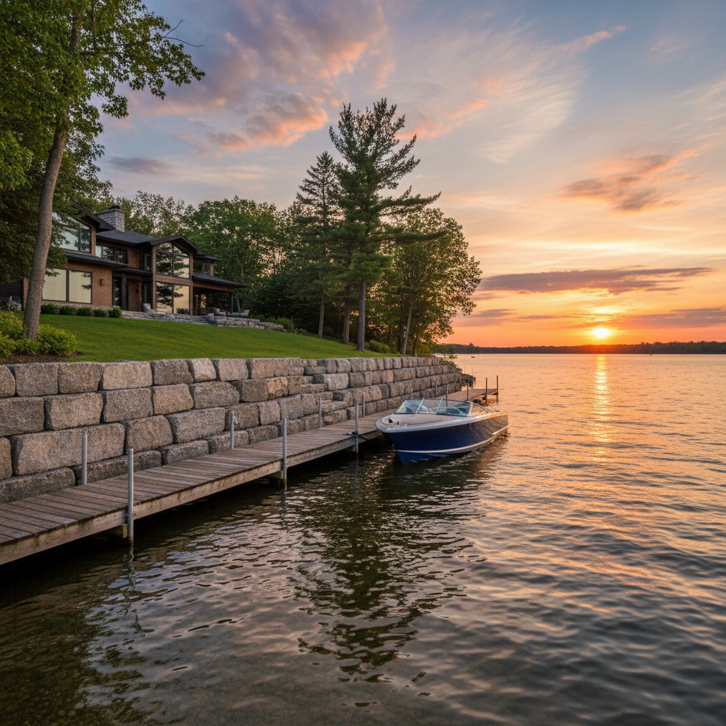 Wooden dock extending into calm Georgian Bay waters