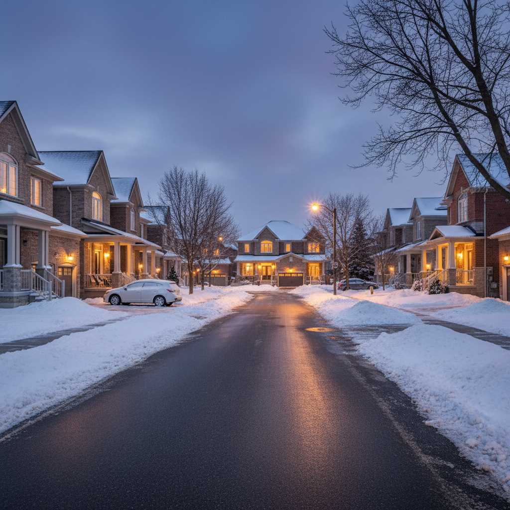 Collingwood street in winter with snow-covered homes